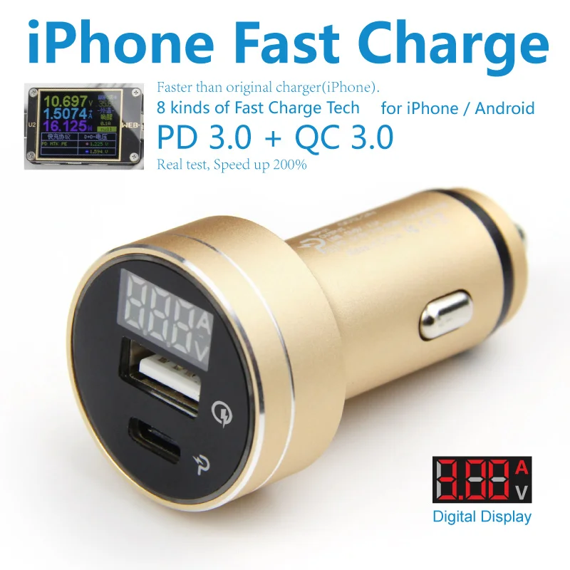 PD 3.0 تهمة سريع شاحن سيارة نوع-c 2 Usb C QC سريعة شاحن Led عرض الجهد الحالي لفون أبل باد الروبوت سامسونج