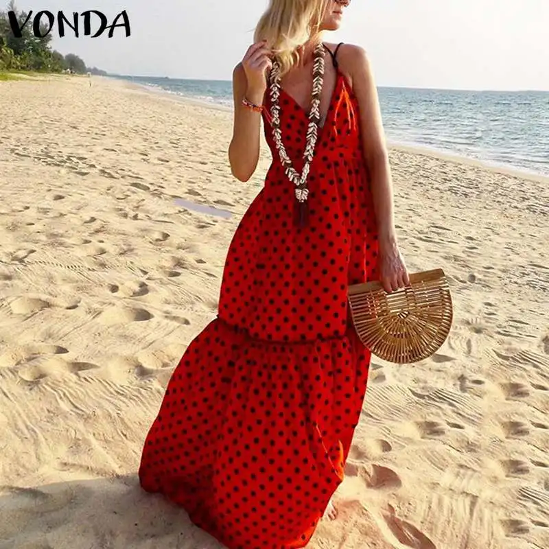 

2019 VONDA Women Polka Dot Summer Dress Maxi Long Dress Sexy V-Neck High waist Sleeveless Vestidos Holiday Plus Size S-5XL