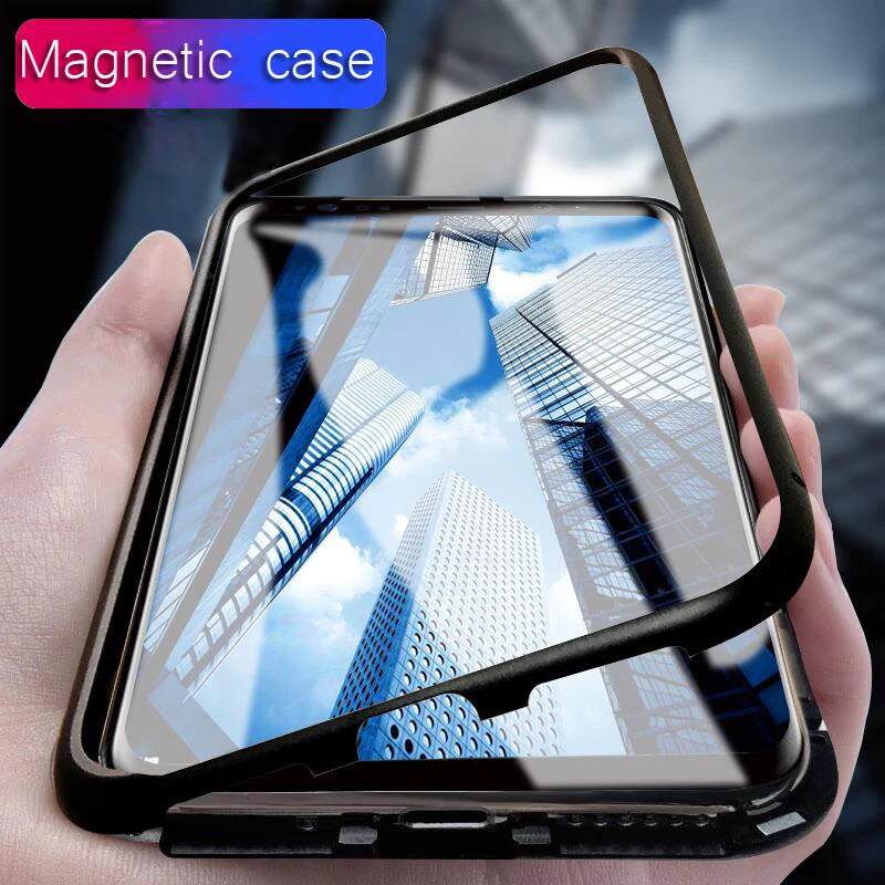 

Magnet Adsorption Metal bumper Case for Samsung Galaxy S8 S9 S10 Plus e + Back Glass Cover Case for Galaxy Note 9 8 S10plus S10e