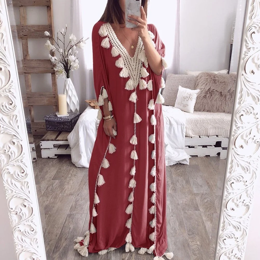 Женское Макси платье большого размера Boho летнее пляжное повседневное длинное с v