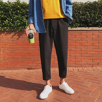 

2018 Spring And Summer New Young Men's Loose Straight Casual Personality Fashion Large Size Solid Color Students Nine Pants