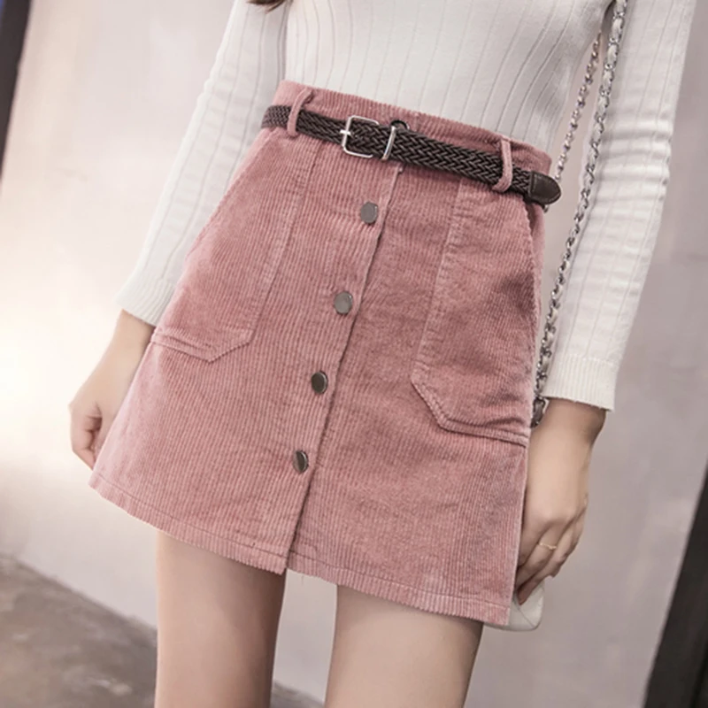 

Japanese Kawaii Mini Skirt Women Solid Student Uniform A-Line Empire Winter Corduroy Skirts Office Lady Casual Button Skirt