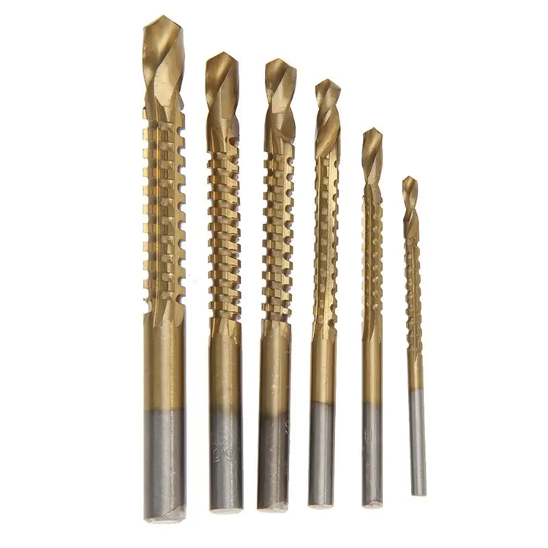 

6Pcs HSS High Speed Steel Titanium Coated Drill Bit Set Woodworking Plastic Metal Hole Grooving Hand Tool Set 3/4/5/6/6.5/8mm