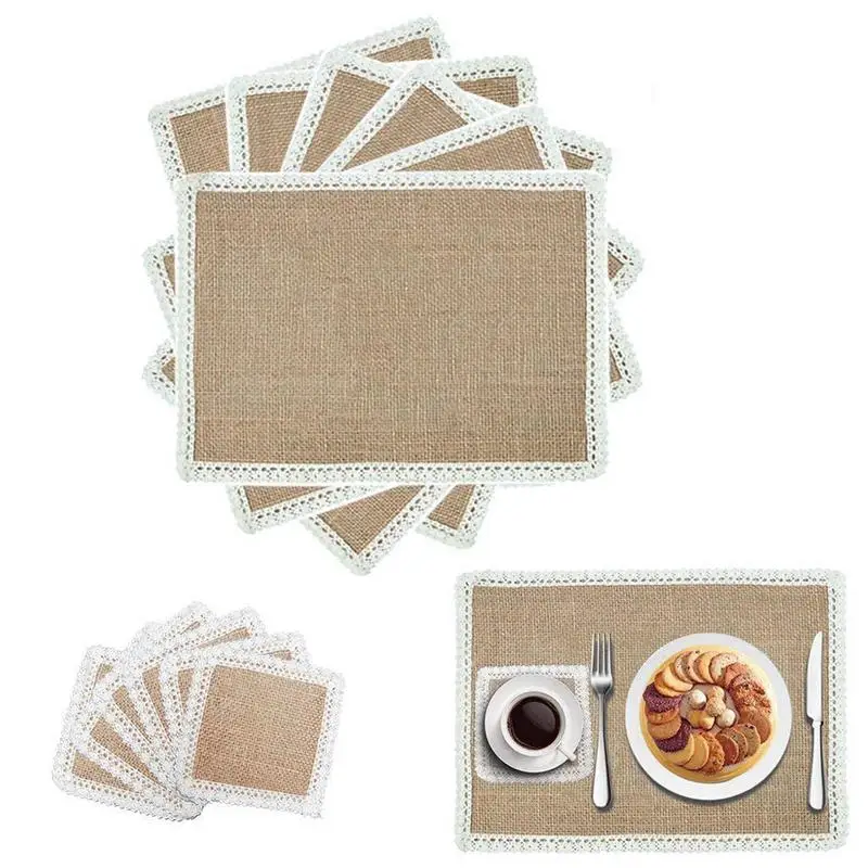 10pcs Hessian Burlap Table Mats Lace Placemats Sets Nature Jute