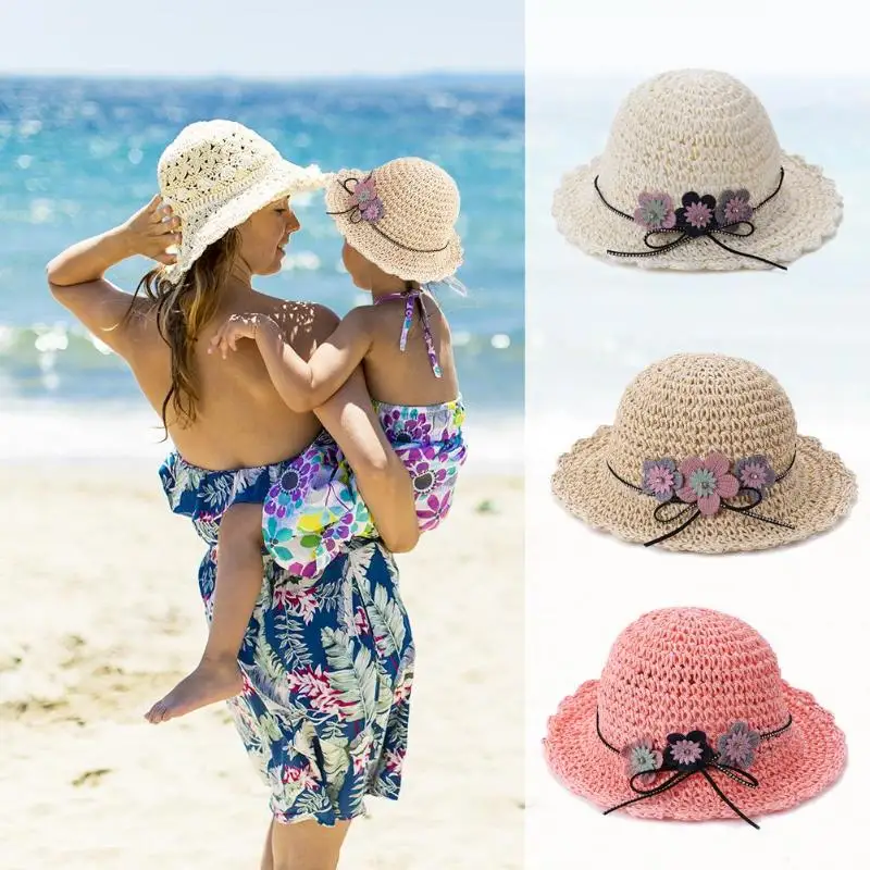 3 Flowers Weaving Straw Hat Beach Sunshade Hat Boater Girls Summer Sun