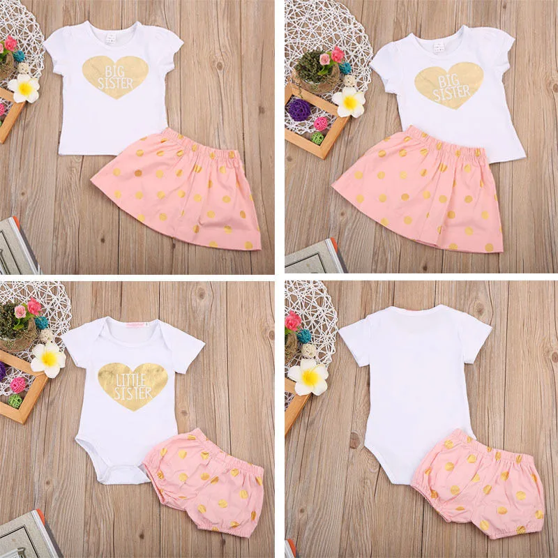 

New Infant Baby Big Sister Heart Pattern T-shirt Girls Dresses Outfits Family Matching Little Sister Bodysuit Romper Dot Panties