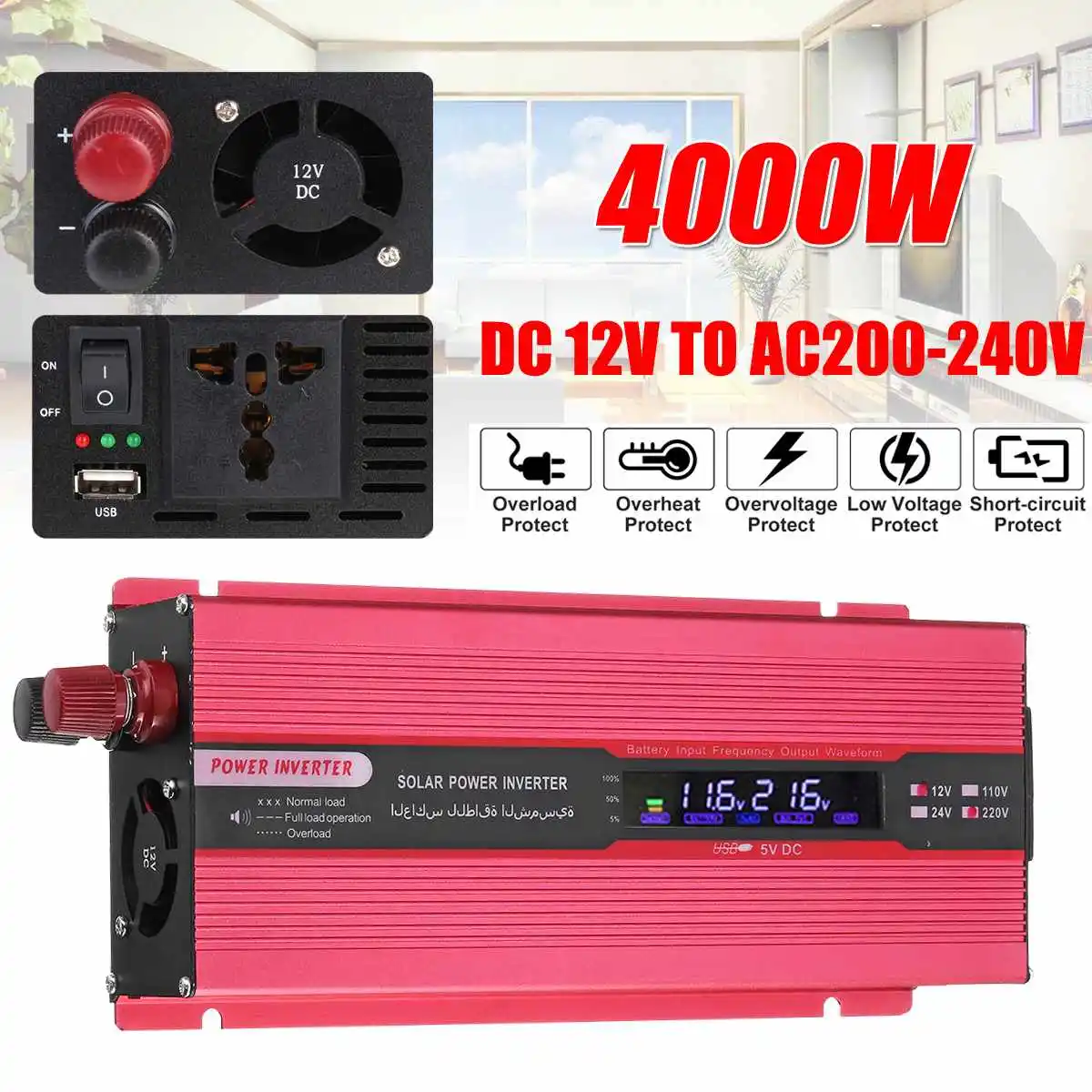 

Peak 4000W Modified Sine Wave Solar Power Inverter DC12V to AC220V Car LCD Digital Intelligence Converter+Positive Negative Clip