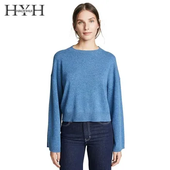 

HYH Haoyihui 2019 Simple Wild Solid Color Loose Leisure Ribbed Trim Tops Round Neck Long Sleeve Pullover Sweater