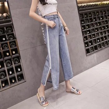 

Thin Vintae High Waist Wide Leg Jeans Loose Boyfriend Jeans For Women Split Letter Embroidered Side Stripes Jeans Pants Ankle