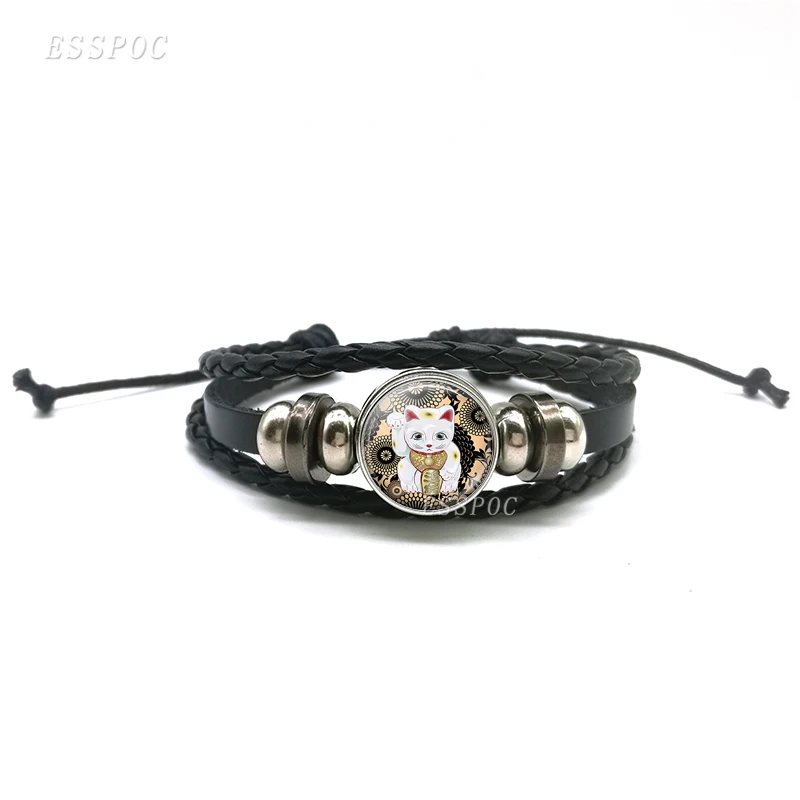 

Lovely Fortune Cat Black Leather Bracelets , DIY Glass Cabochon Lucky Cat Multi-layered Braided Bracelets Fashion Jewelry