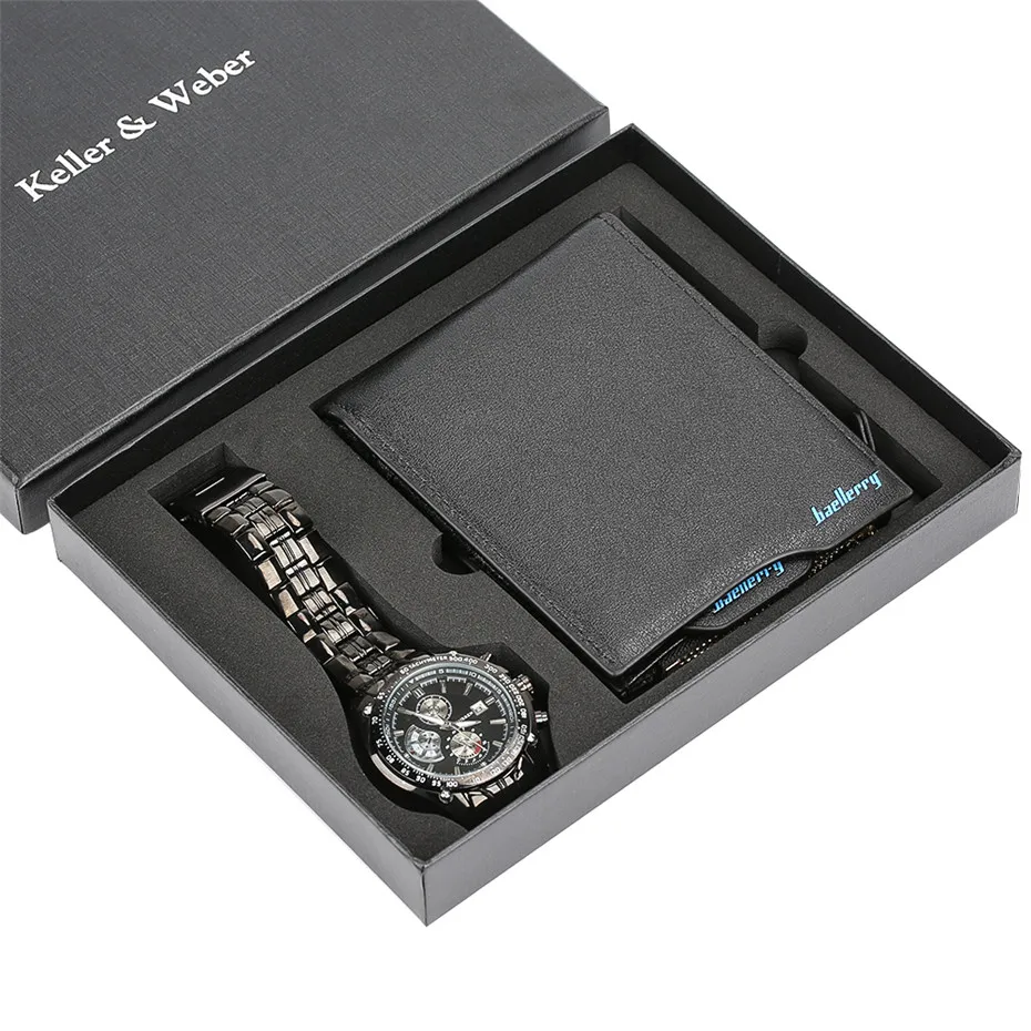 Men Chronograph Quartz Wristwatch Stainless Steel Strap Men Classic Black Leather Wallet Pocketbook Trendy Gift Set for Father