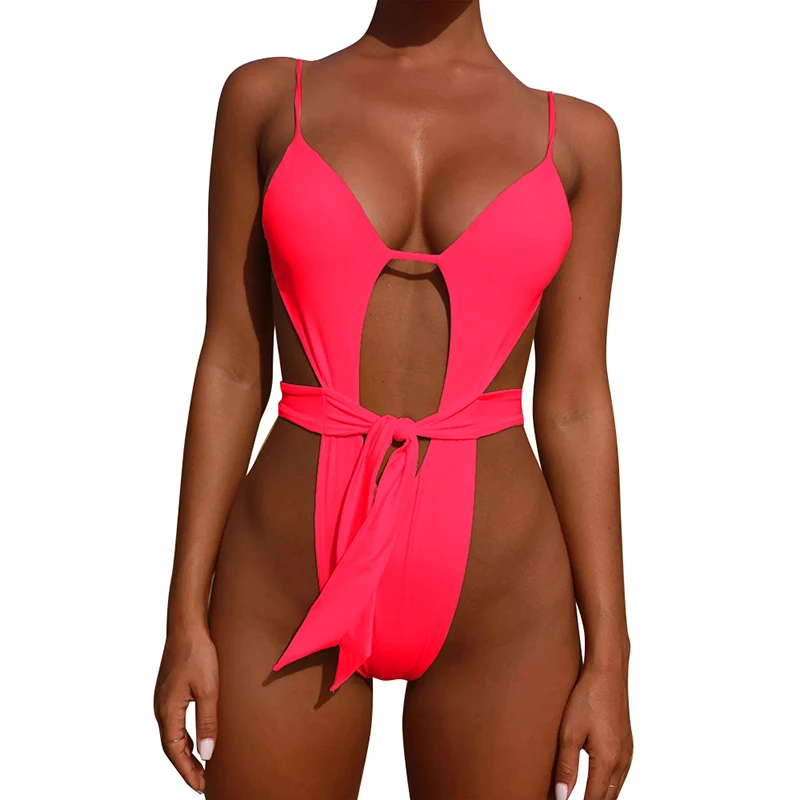 

Women One Piece Swimsuit Solid Plunge Neckine Triangle Open Back Cut Out Bandage Sexy Monokini Bathing Suit Women
