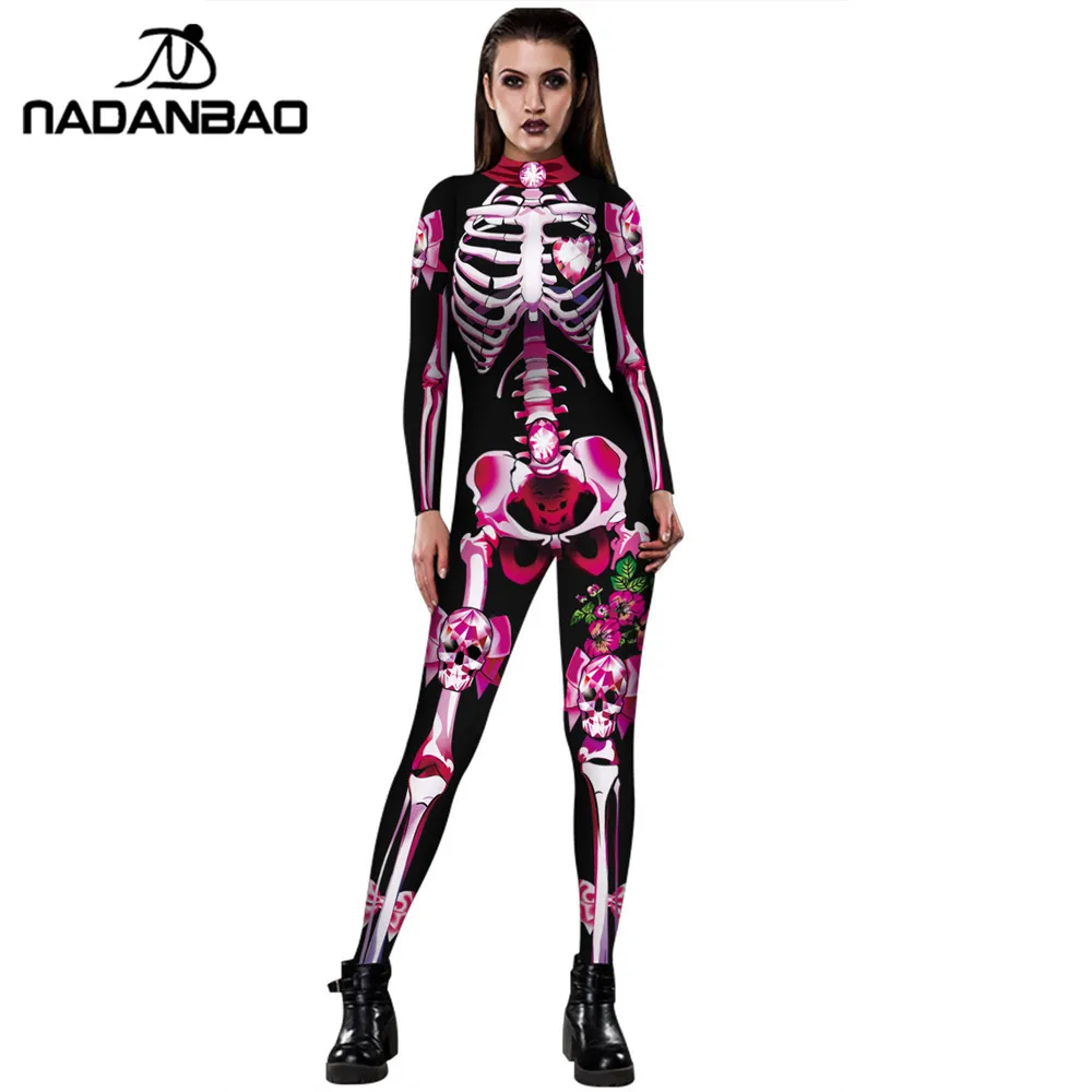 

NADANBAO New 3D Print Rose Skeleton Costume Jumpsuit Scary Halloween Costumes For Women Mechanical Skull Plus Size Bodysuit