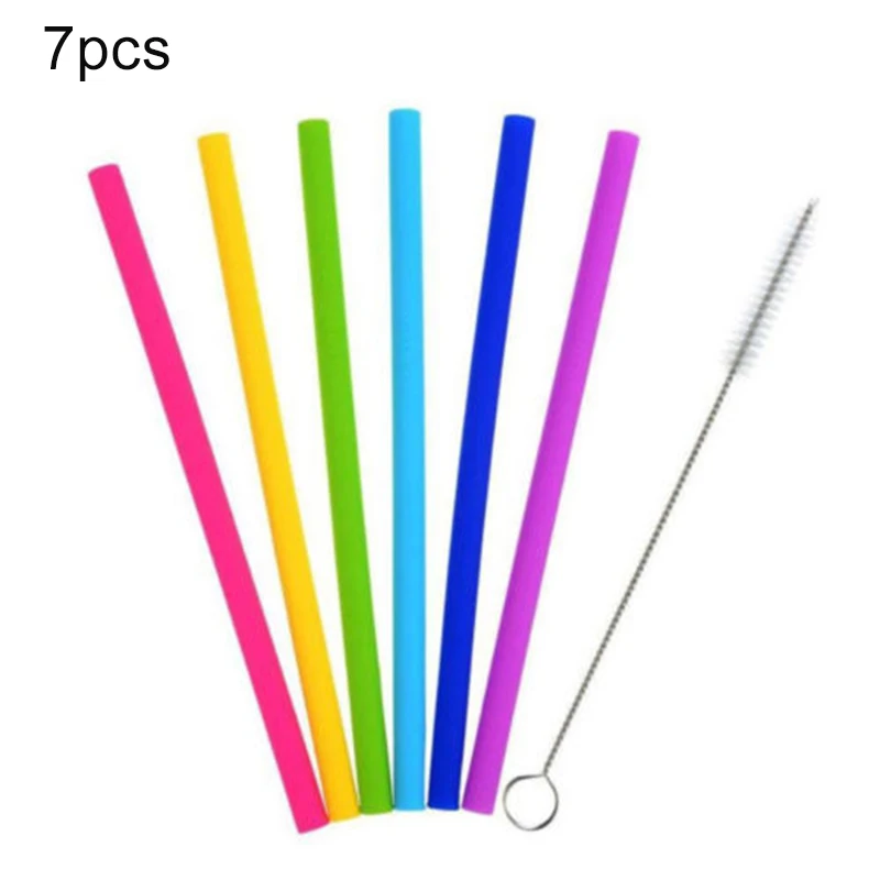 

6x Reusable Food Grade Silicone Drinking Straw Extra Long Wide Straws + Brush