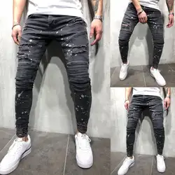 2018 Новые мужские рваные джинсы с принтом в горошек, узкие джинсы, брюки с рваными краями и потертостями, узкие джинсовые брюки, повседневные