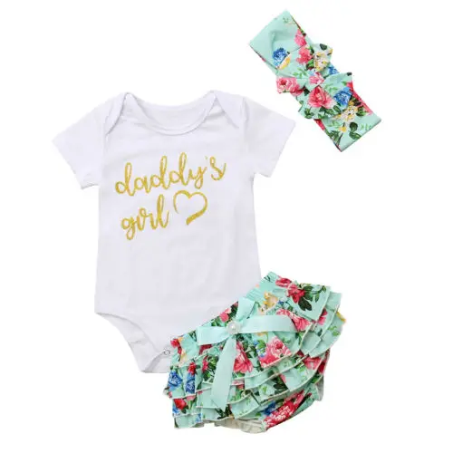 

3Pcs Summer Newborn Baby Girls Clothes Set Bunny Cartoon Letters Romper Tops Floral Pants Kids Outfits Easter Costume 0-24Months