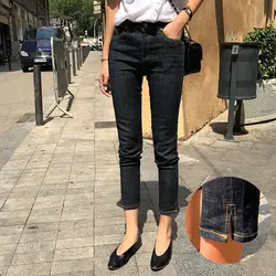 Демисезонный брюки для девочек для женщин Высокая талия джинсы сбоку раздельные брюки деним стрейч узкие черные повседневное уличная pantalon