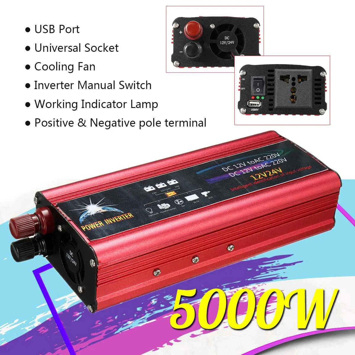 

Car Charger Converter Modified Sine Wave P EAK 5000W DC12/24V To 220V Voltage Transformer Power Inverter Intelligent Protection