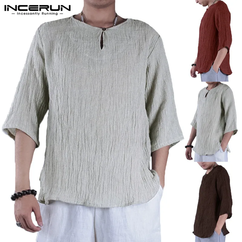  INCERUN 2019 Vintage Men T Shirt 3/4 Sleeve Chinese Style Cotton Male Tee Tops Solid O Neck Leisure