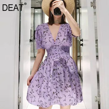

DEEAT 2020 new summer fashion women clothes V-neck short sleeves purple printed high Waist Chiffon Dress female WG02014L