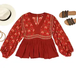 2019 Весна для женщин богемный блузки для малышек красный Boho блуза с оборками Топы корректирующие с длинным рукавом цветочный принт хлопо