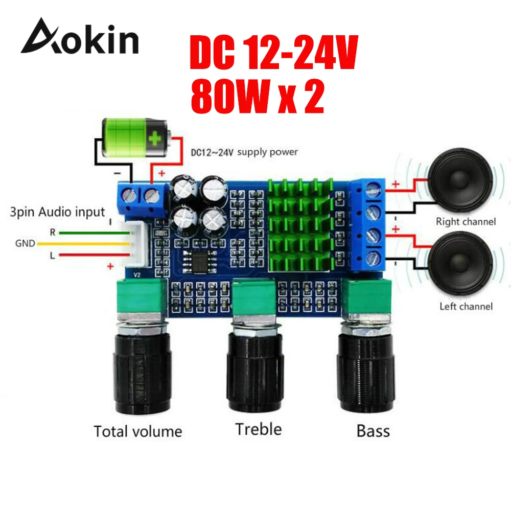 

TPA3116D2 DC 12V 24V 80W x 2 Dual channel Digital Audio TPA3116D2 Treble Bass Regulating Preset Pre amplifier Board