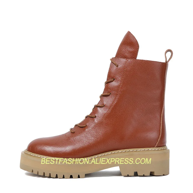 

woman shoes plus size mid-calf genuine leather women's boots lace-up casual flat snow boots Platform shoes