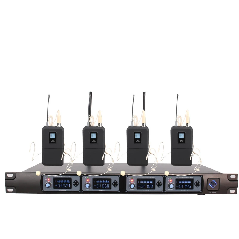 

LEORY UHF 4 Channels Wireless Microphone System with 4 Bodypack Transmitter 4 Headset microfone 1 Receiver U-F4000D for karaoke