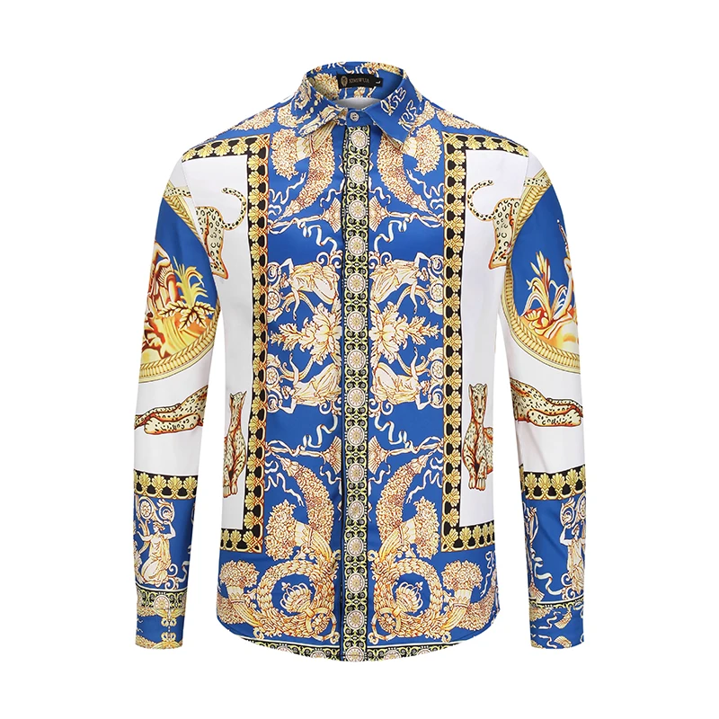

2019 New Arrival Men Shirts Long Sleeve 3d Golden Floral Print Animals Casual Shirts Slim Fitness High Quality Chemise Homme