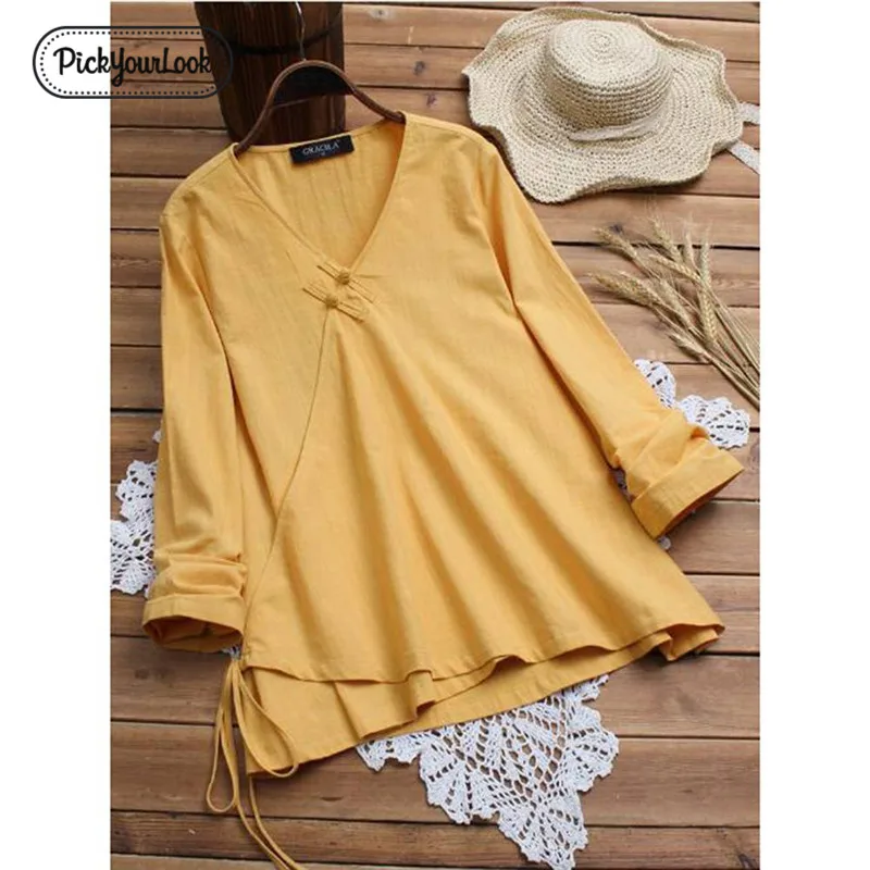 

PickyourLook Spring Vintage Womens Chinese Style 3/4 Flare Sleeve Cotton Linen Casual Blouse Shirt Plus Size V Neck Loose Blouse