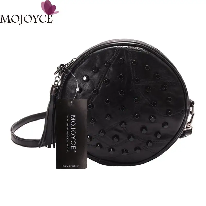 

Women Sheepskin Rivet Handbag Female Cute Round Mini Shoulder Crossbody Bag Ladies Black Tassel Messenger Bag Travel Tote bolsas
