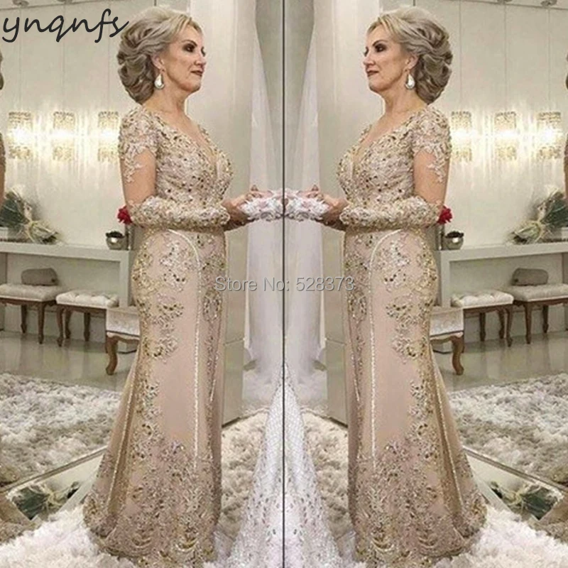 

YNQNFS M07 Lace Appliques Long Sleeves Mermaid Vestidos Formal Dress Women Elegant 2019 Mother of the Bride Dresses Champagne