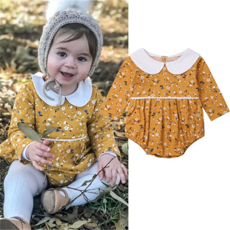 

Lovely Infant Newborn Autumn Clothes Baby Girl Princess Bodysuit Floral Long Sleeve Peter pan Collar Cotton Jumpsuit 0-18M