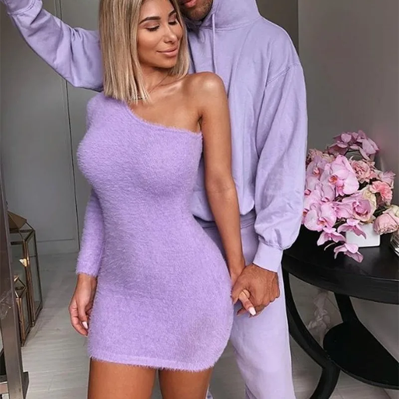 Tobinoone أنيقة النساء اللباس واحدة الكتف bodycon حزب اللباس الخريف الشتاء القطع الرقبة مثير اللباس النساء الشارع الشهير شيك رداء