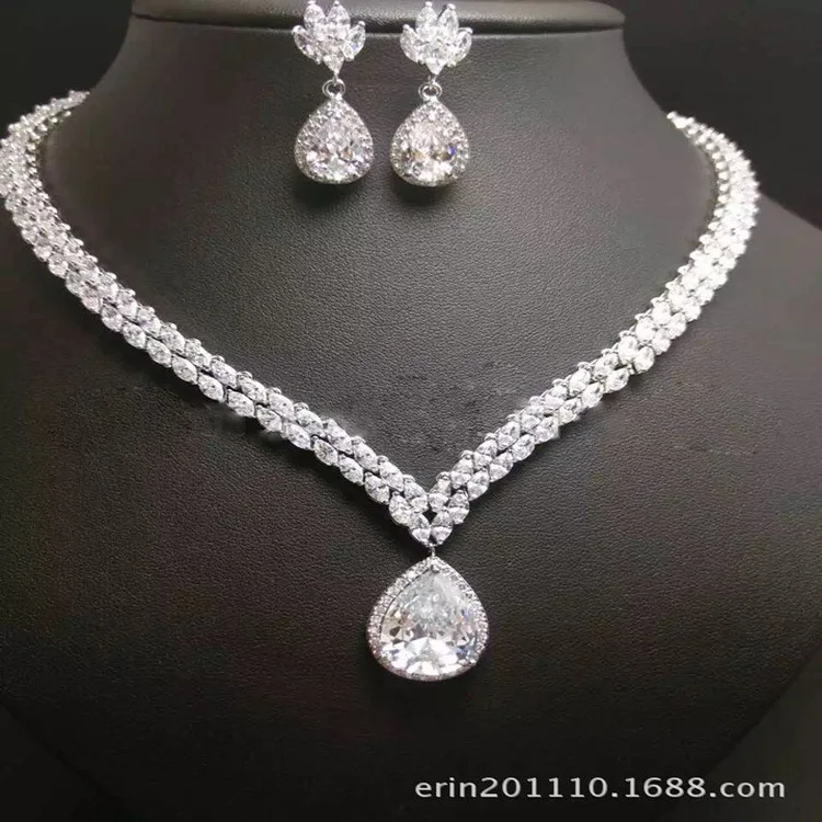 

New upscale bride necklace earrings two-piece party wedding dress suit water drop jewelry J5106