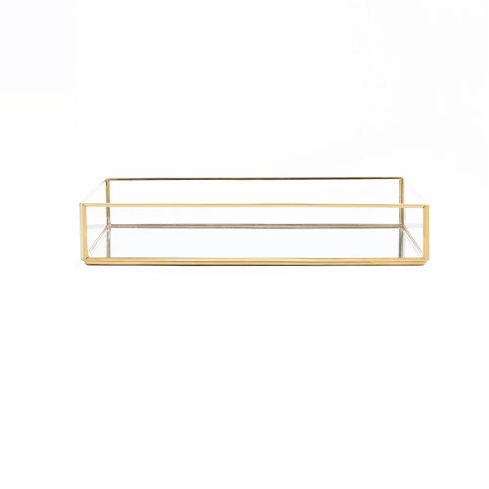 

ALIM HOT Nordic Retro Storage Tray Gold Rectangle Glass Makeup Organizer Tray Dessert Plate Jewelry Display Home Kitchen Decor