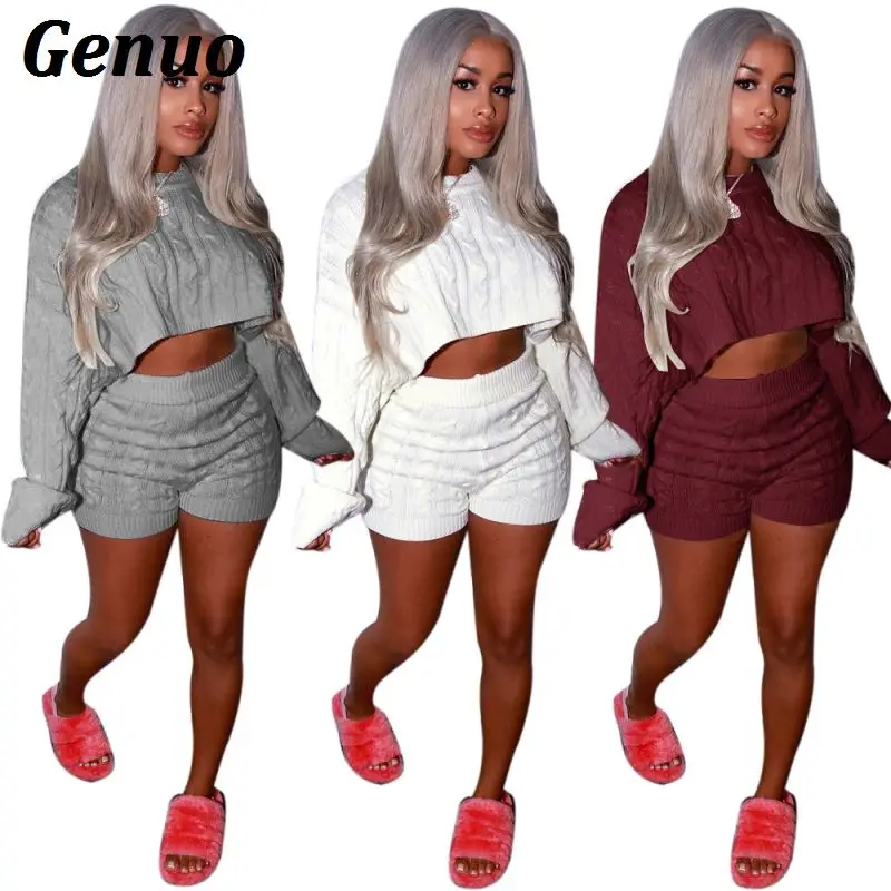 

Genuo 2 Two Piece Set Women Clothes Autumn Winter Outfits Long Sleeve Knit Sweater Tops and Shorts Suit Sexy Matching Sets