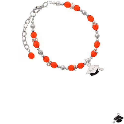 Silvertone 3-D Graduation Hat with 2021 Orange Beaded Bracelet |