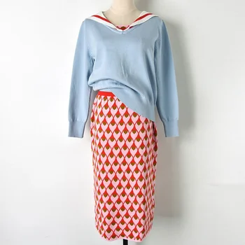 

Runway Knit Dress 2 Piece Set Women Tracksuit 2018 New Sailor Collar Long Sleeve Pullover Argyle Pencil Skirt Suit Outfits