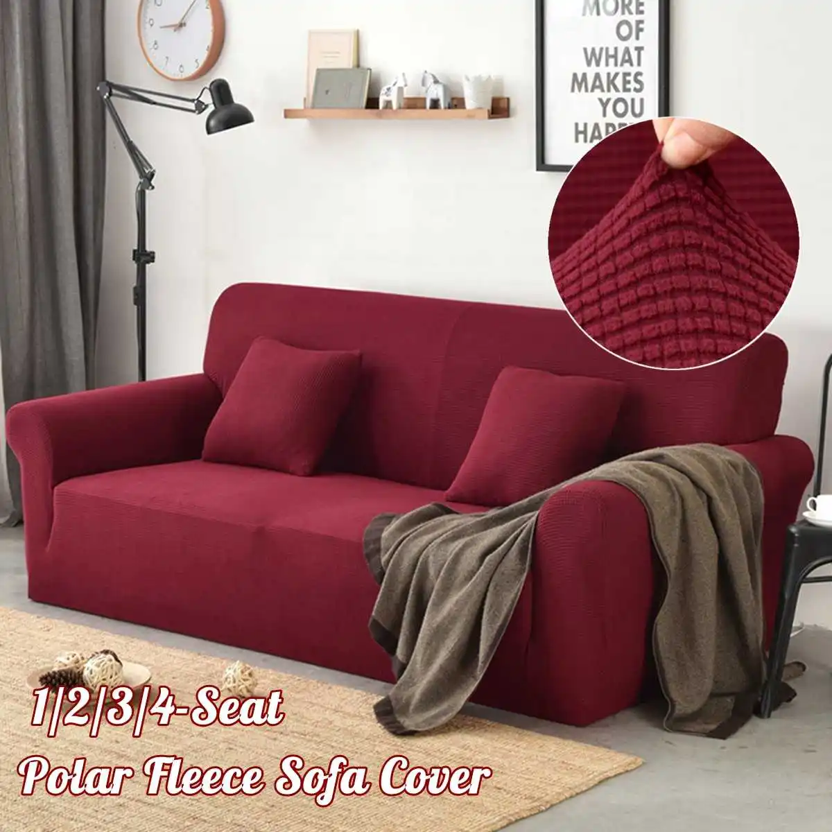 

Polar Fleece Slipcover Sofa Solid Color Couch Cover Elastic full sofa Cover 1/2/3/4 seater Stretch Pillow Case Chair Covers Red