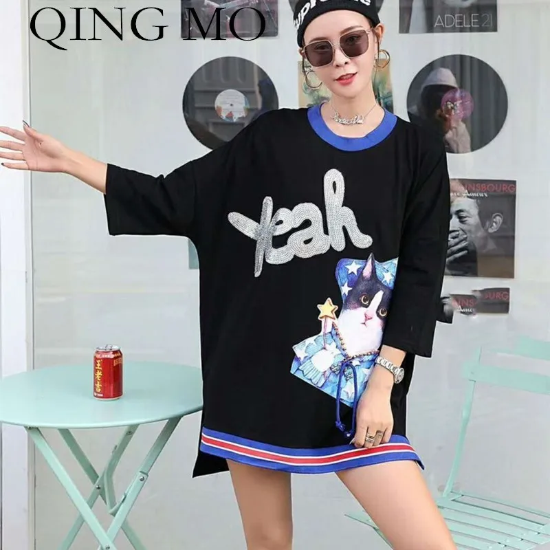 QING MO/2019 Летняя женская черная футболка юбка принт с буквами и блестками круглый