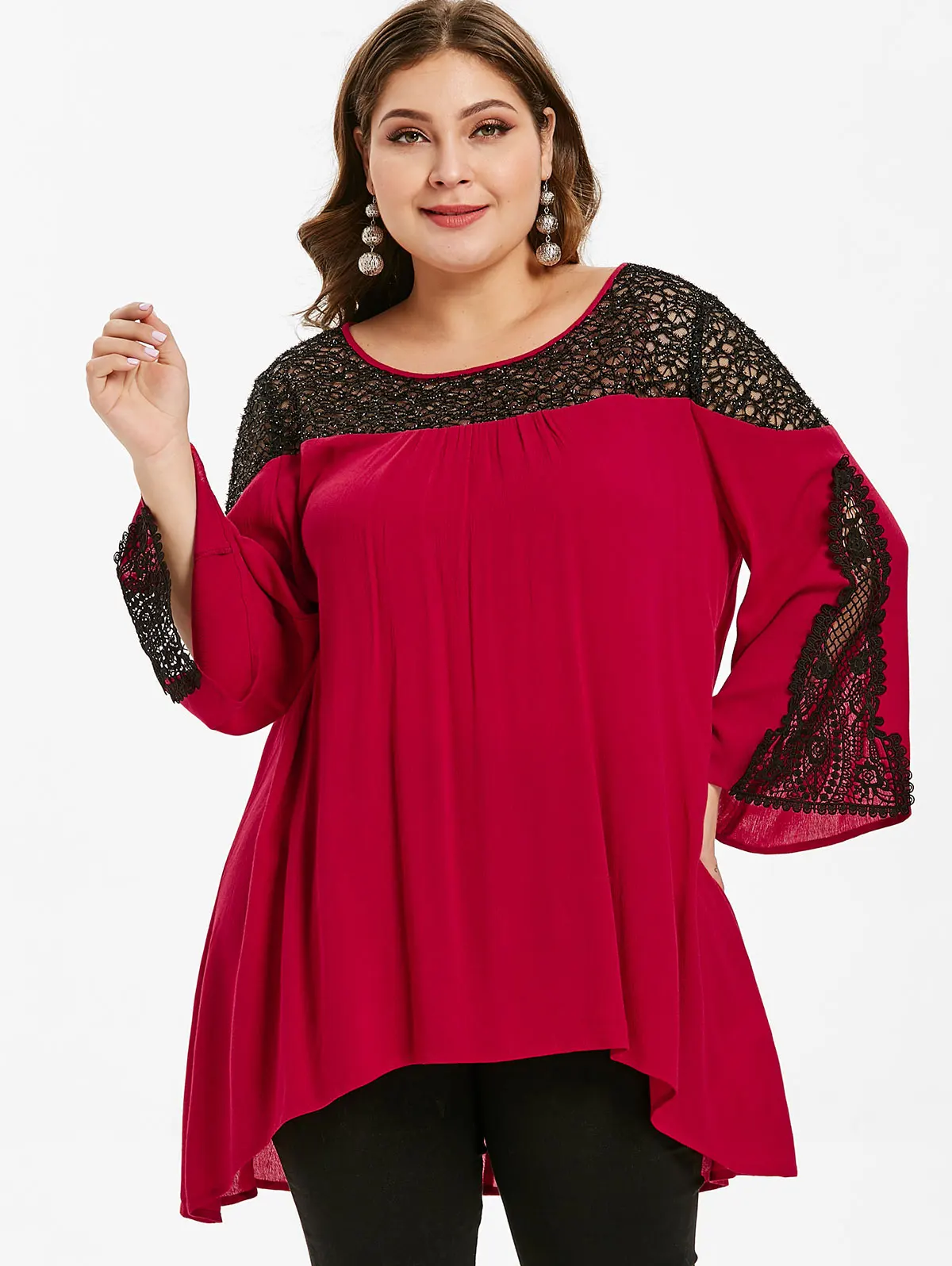 Joineles High Low Lace Panel Women Blouse Plus Size Women Shirts Fashion Sequins Appliques Red