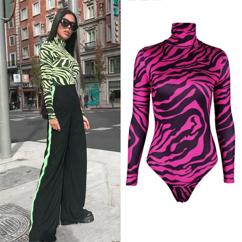 

Fashion Women Zebra Striped Print Bodysuit Stretch Leotard Long Sleeves Tops Tee All-Matching Basic Ladies Turtleneck Bodysuits