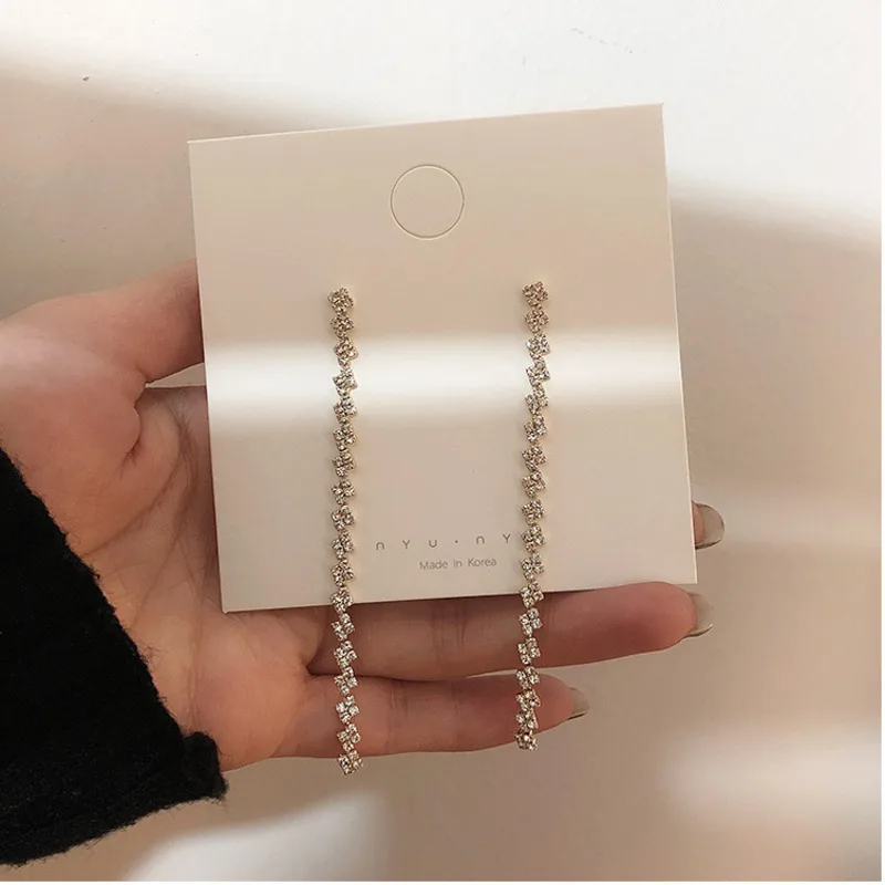 

2019 925 Sterling Silver Pin Metal Coin Crystal Geometric Round Long Tassel Drop Dangle Earrings For Women Girl Wedding Jewelry