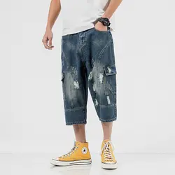 Новые летние джинсы для мужчин мода промывают сплошной цвет прямые повседневное джинсовые укороченные штаны человек уличная хип хоп сво