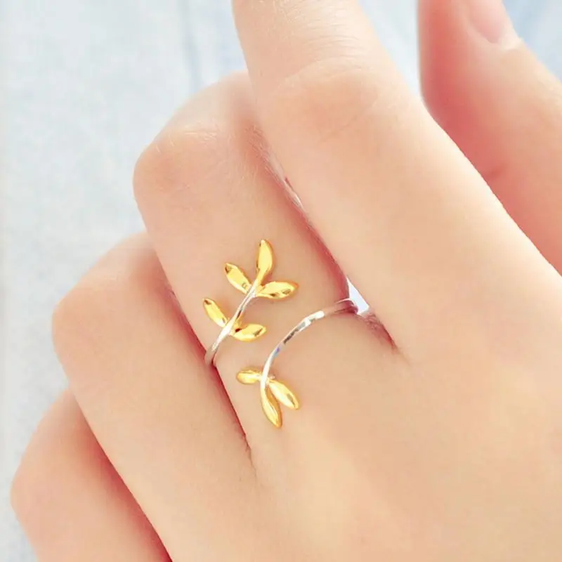 

S925 Sterling Silver Opening Ring Leaf Gold Plate Ring Korean Style Sterling Silver Jewelry