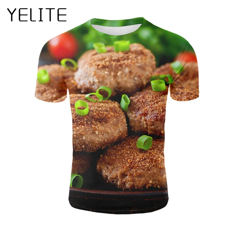 

YELITE Delicious Food T Shirt French Chicken/Sausage/Roast Meat Tshirt 3D Print Tasty Food T-shirt 2019 Summer New Casual Shirt