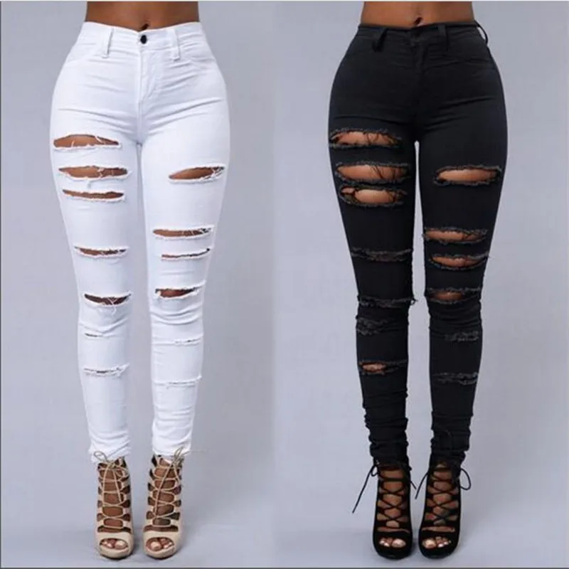 Women's Fashion Slim Pants High Waist Jeans western style Vintage Stretch Cotton Ripped Hole Skinny Trousers S-XXL | Женская одежда