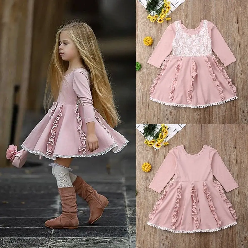 2019 Canis Spring Fashion Kids Flower Girls Party Dress Lace Patchwork Wedding Bridesmaid Dresses Pink Princess | Детская одежда и