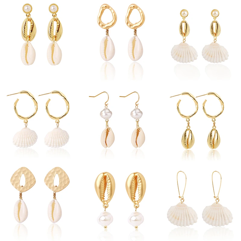 

2019 Simple Girl Cute Pearl Shell Drop Earrings Geometry Circular Asymmetric Golden Dangle Earrings Women Fashion Accessories